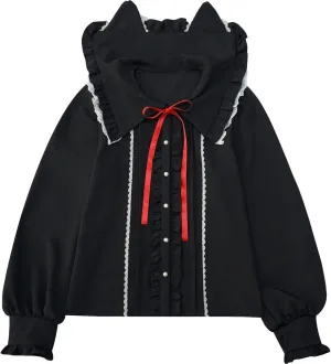Lolita Women Ruffle Sailor Collar Blouse Shirt Kawaii Teen Bow Tie Cat Ears Fashion Button Front Junior Cute Tops