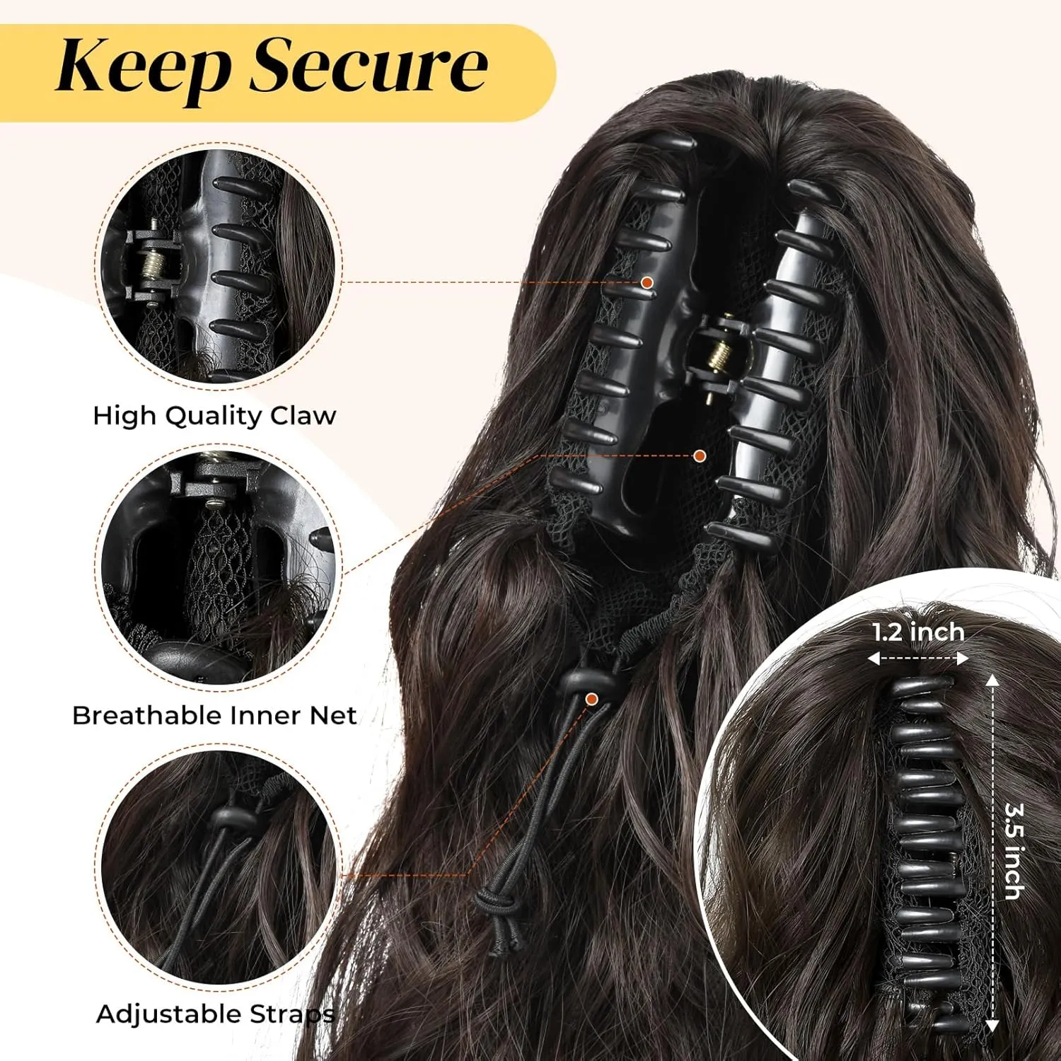 LONAI Black Ponytail Extension, 18" Wavy Claw Clip Ponytail Extensions ZJ001 Shoulder Length Curly Wavy Claw Clip in Ponytail Hair Extensions Synthetic Fake Pony tails Hairpieces-Black