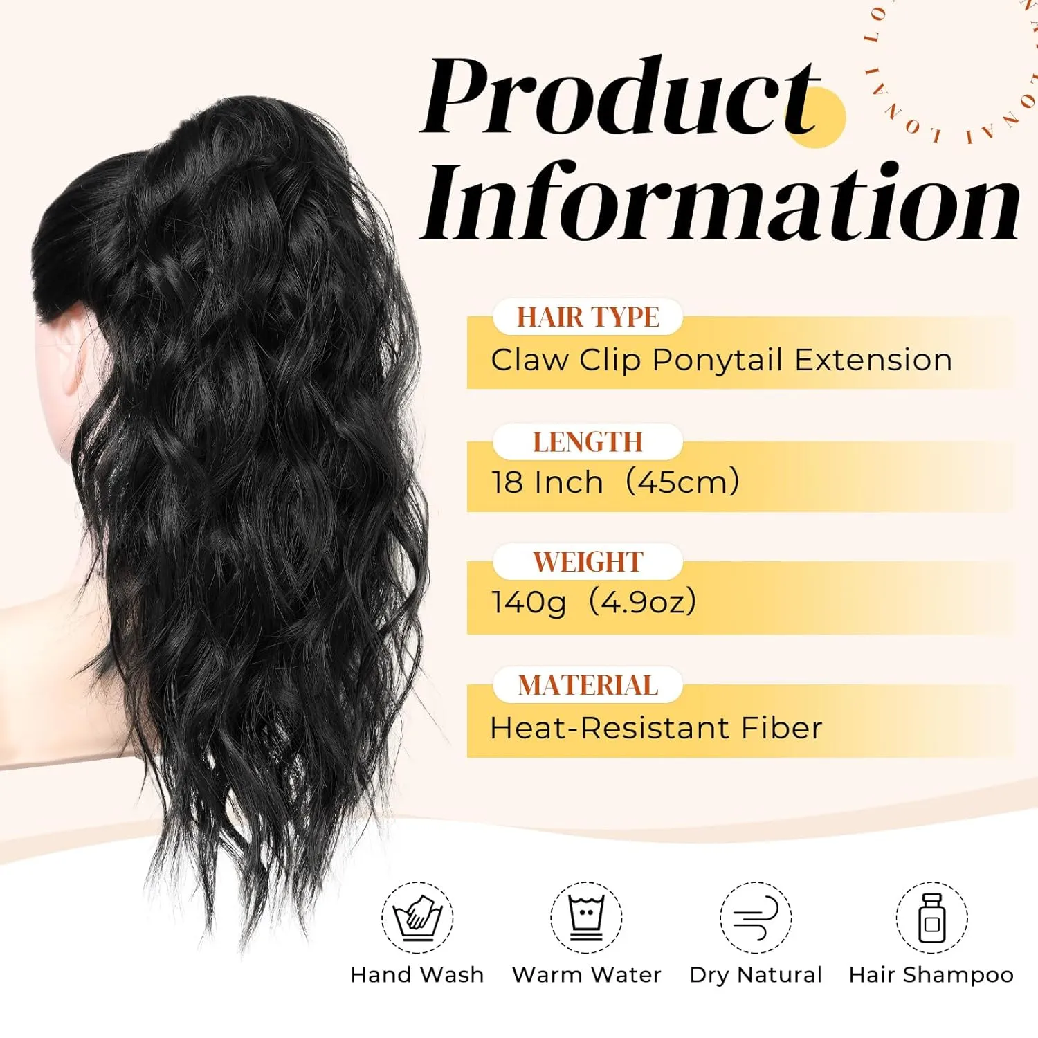 LONAI Black Ponytail Extension, 18" Wavy Claw Clip Ponytail Extensions ZJ001 Shoulder Length Curly Wavy Claw Clip in Ponytail Hair Extensions Synthetic Fake Pony tails Hairpieces-Black