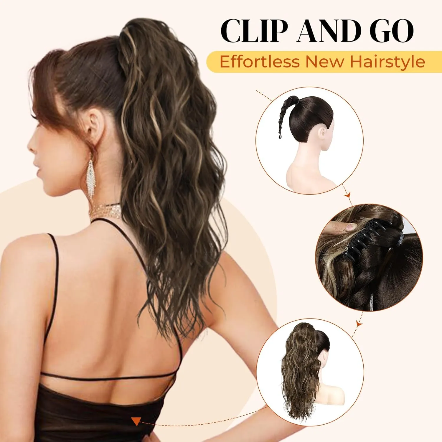 LONAI Black Ponytail Extension, 18" Wavy Claw Clip Ponytail Extensions ZJ001 Shoulder Length Curly Wavy Claw Clip in Ponytail Hair Extensions Synthetic Fake Pony tails Hairpieces-Black