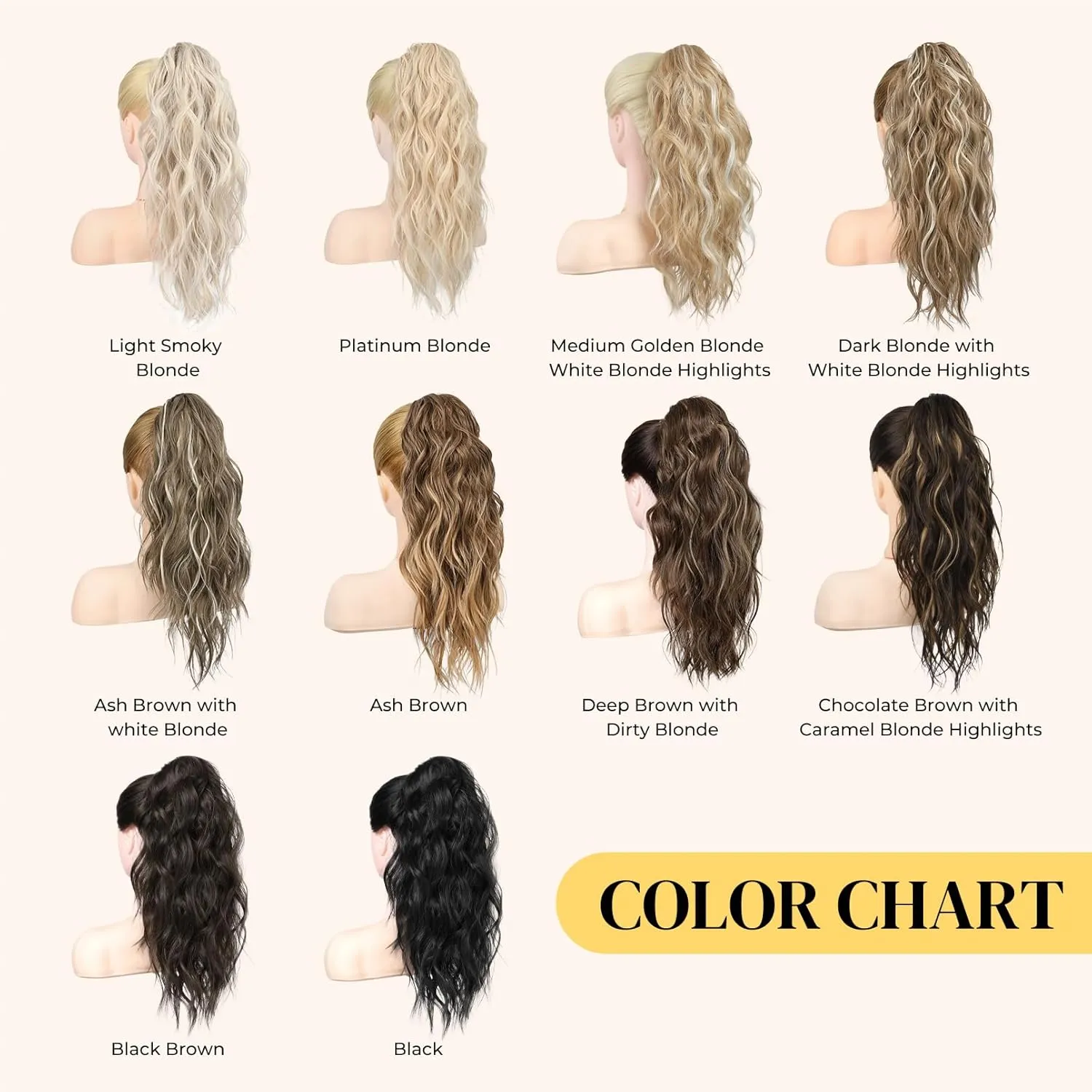 LONAI Black Ponytail Extension, 18" Wavy Claw Clip Ponytail Extensions ZJ001 Shoulder Length Curly Wavy Claw Clip in Ponytail Hair Extensions Synthetic Fake Pony tails Hairpieces-Black