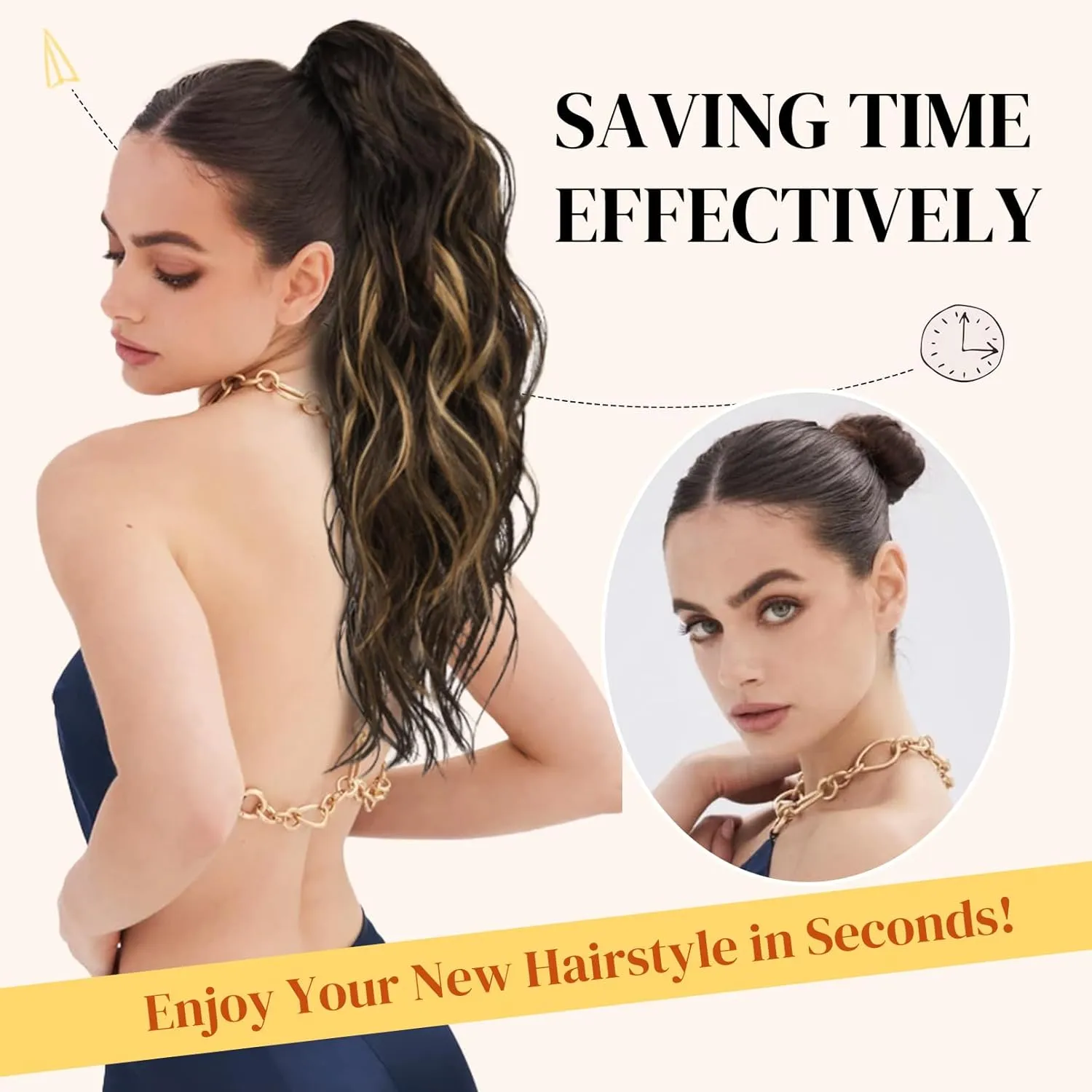 LONAI Black Ponytail Extension, 18" Wavy Claw Clip Ponytail Extensions ZJ001 Shoulder Length Curly Wavy Claw Clip in Ponytail Hair Extensions Synthetic Fake Pony tails Hairpieces-Black