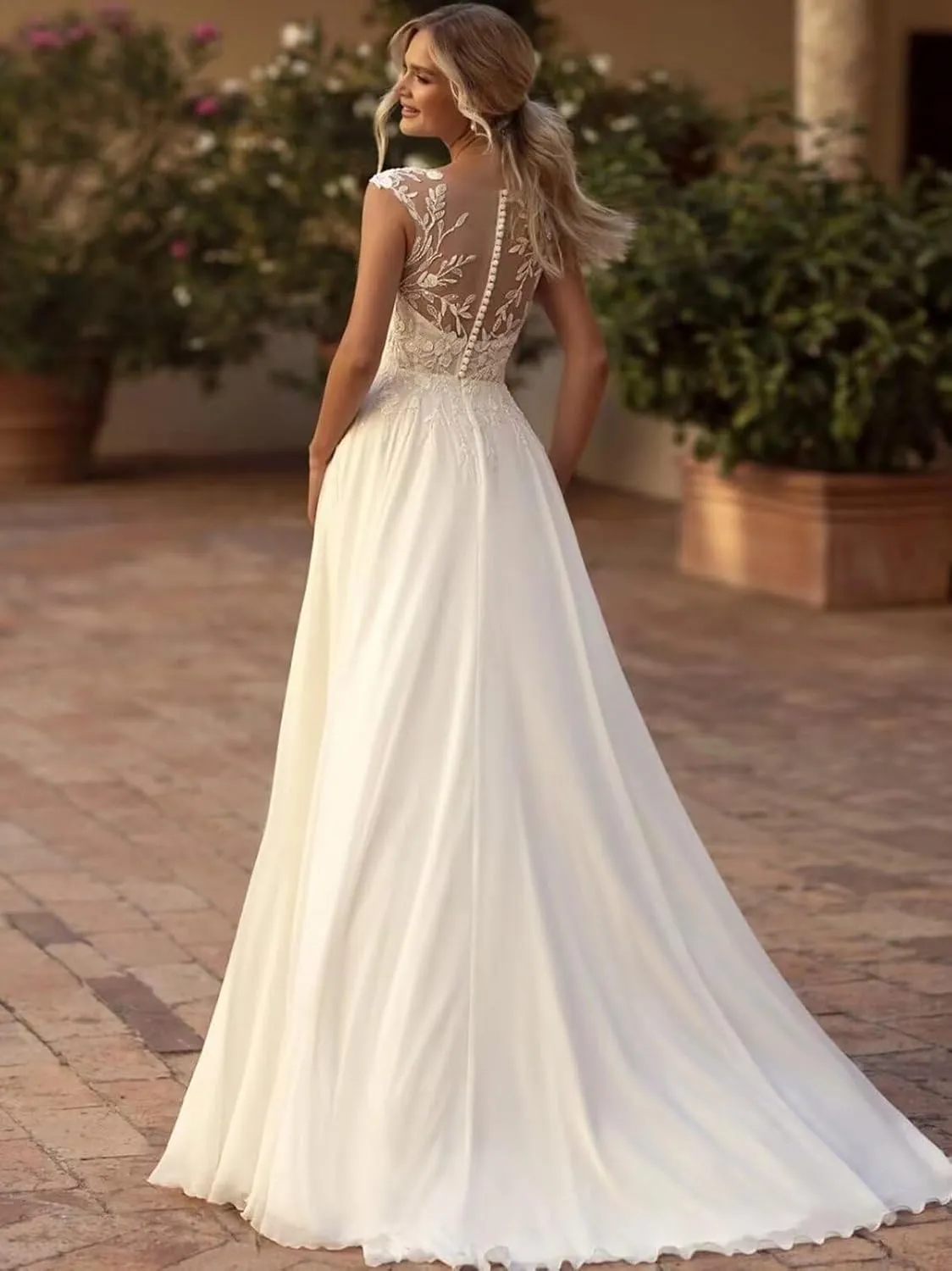 Long Boho Wedding Dresses for Bride Floor Length A Line Bridal Gowns with Train for Women