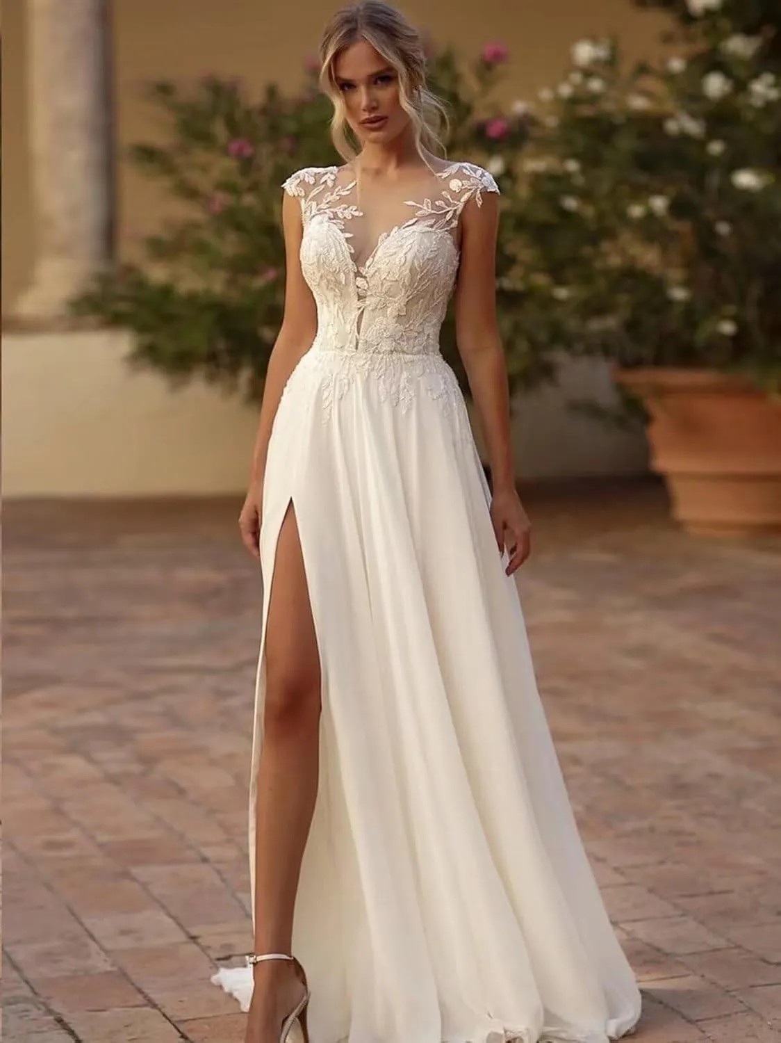 Long Boho Wedding Dresses for Bride Floor Length A Line Bridal Gowns with Train for Women