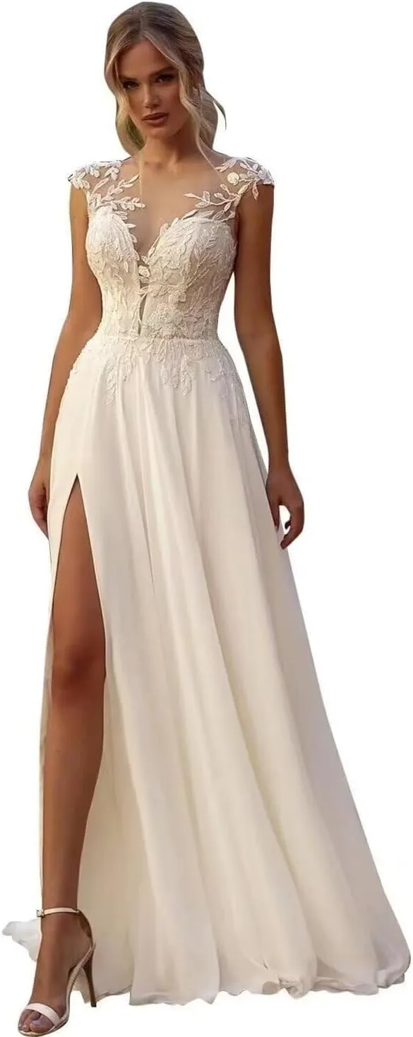 Long Boho Wedding Dresses for Bride Floor Length A Line Bridal Gowns with Train for Women