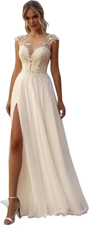 Long Boho Wedding Dresses for Bride Floor Length A Line Bridal Gowns with Train for Women