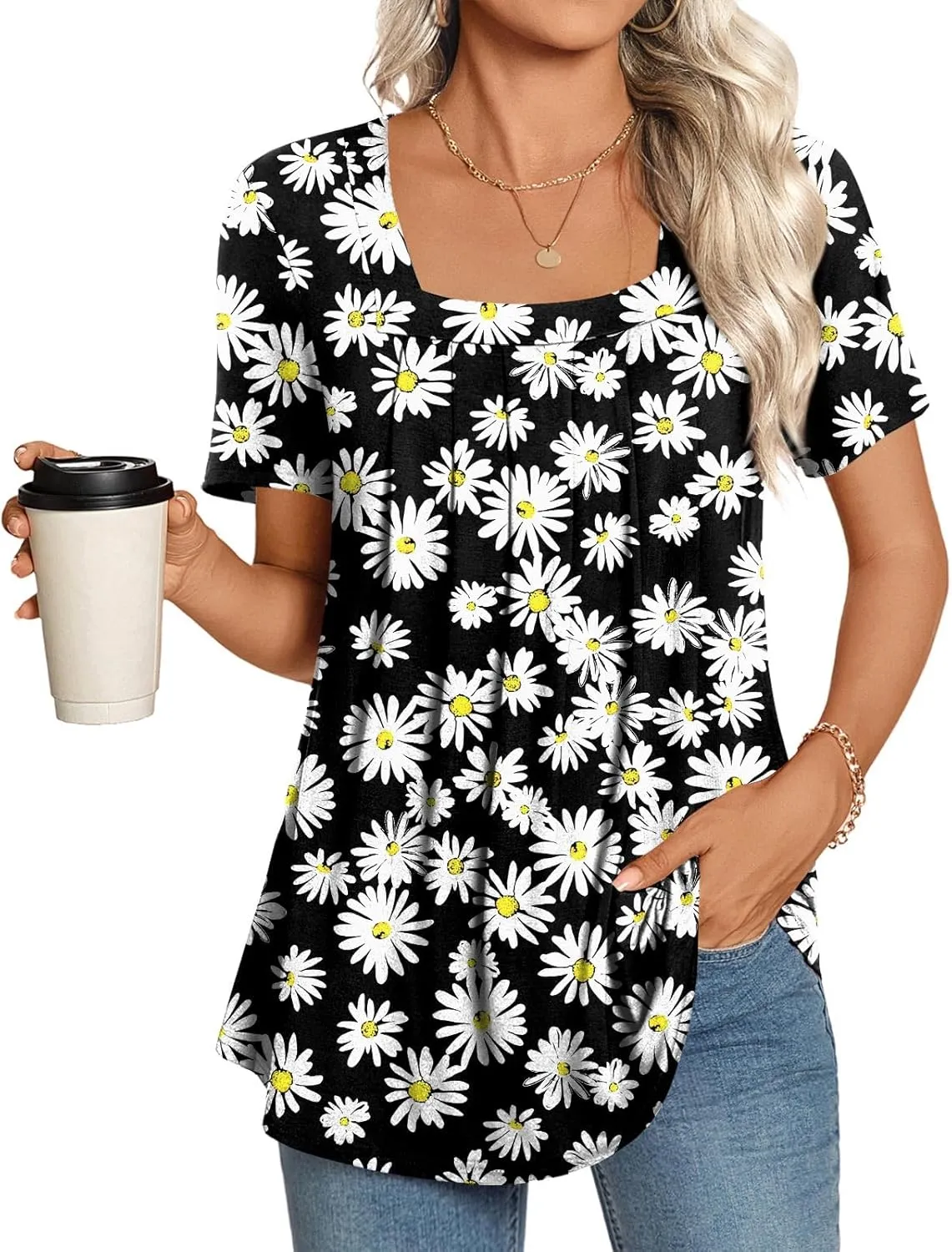 LONGYUAN Womens Tunic Tops 2025 Summer Casual Square Neck Shirts S-3XL