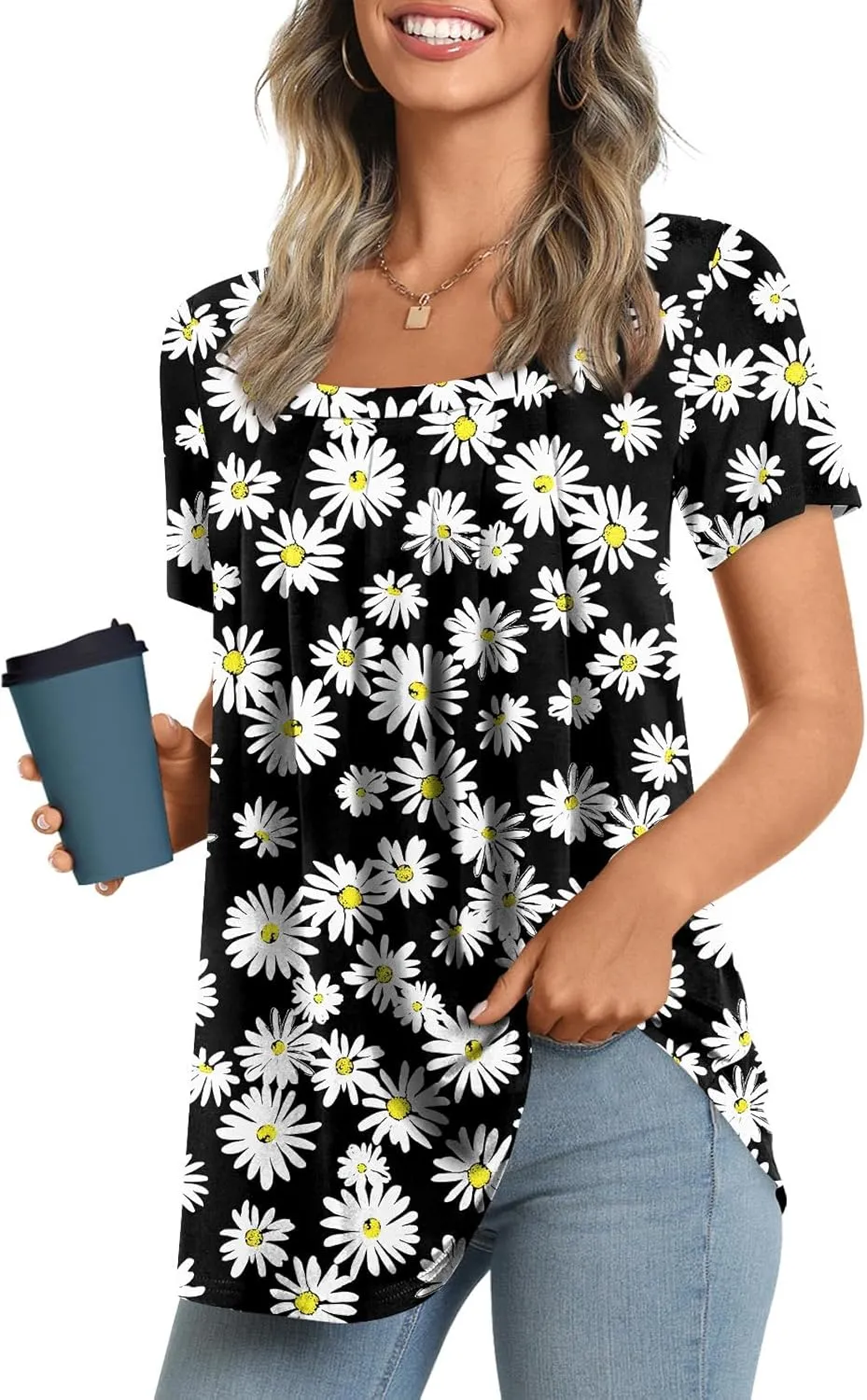 LONGYUAN Womens Tunic Tops 2025 Summer Casual Square Neck Shirts S-3XL
