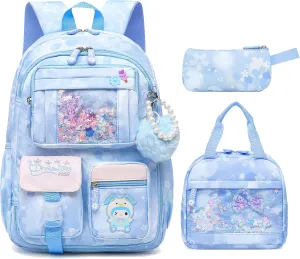 Lovely Girls Backpack School Bag for Students Kids Book Bag with Multiple Pockets Splash-proof Children's Backpack（17inch Set Blue）