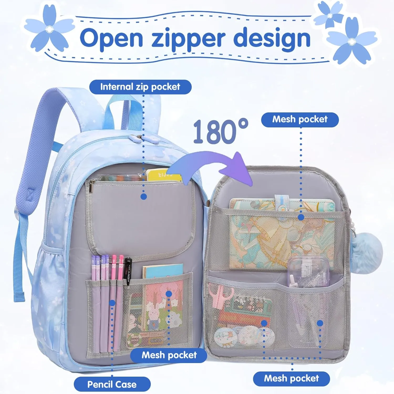 Lovely Girls Backpack School Bag for Students Kids Book Bag with Multiple Pockets Splash-proof Children's Backpack（17inch Set Blue）