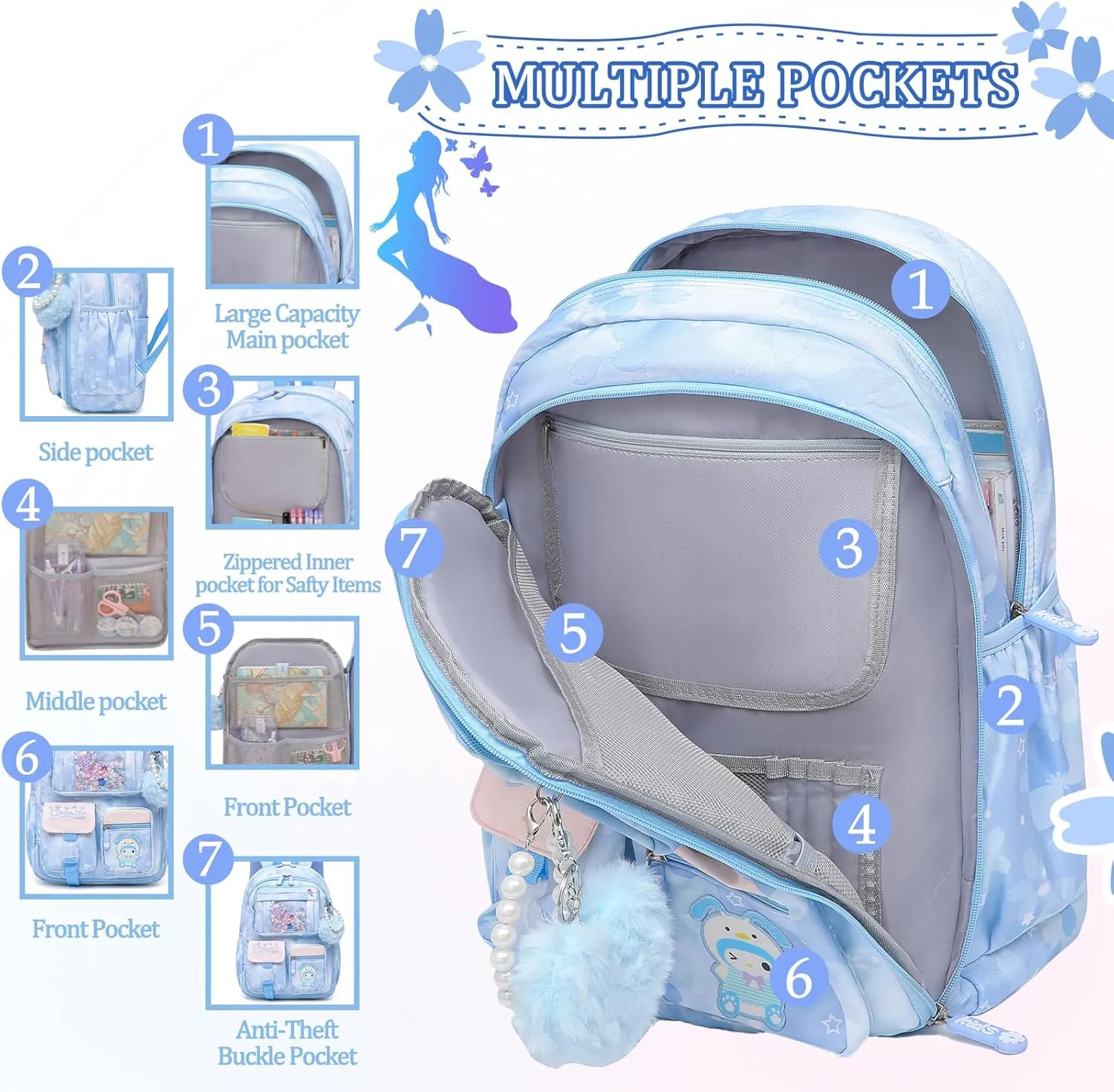 Lovely Girls Backpack School Bag for Students Kids Book Bag with Multiple Pockets Splash-proof Children's Backpack（17inch Set Blue）