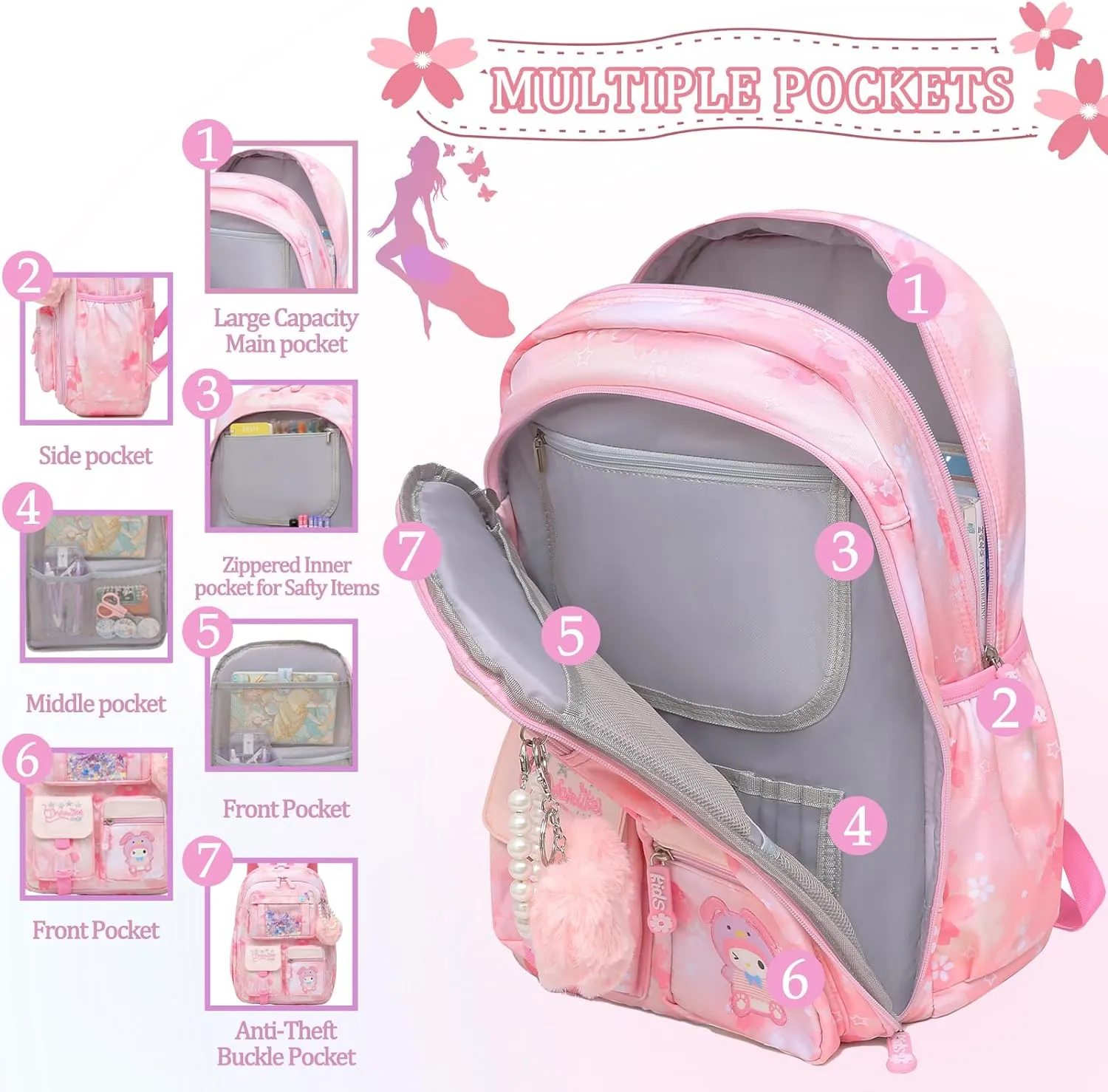 Lovely Girls Backpack School Bag for Students Kids Book Bag with Multiple Pockets Splash-proof Children's Backpack（17inch Set Pink）