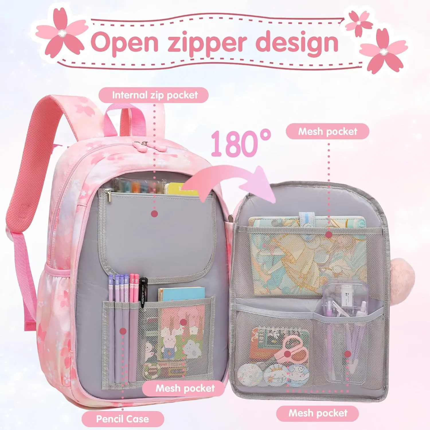Lovely Girls Backpack School Bag for Students Kids Book Bag with Multiple Pockets Splash-proof Children's Backpack（17inch Set Pink）