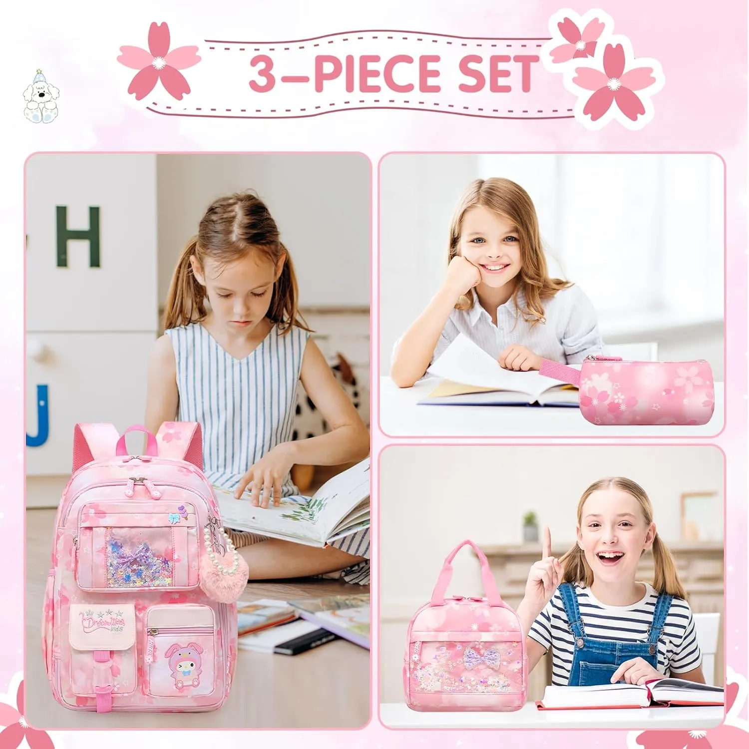 Lovely Girls Backpack School Bag for Students Kids Book Bag with Multiple Pockets Splash-proof Children's Backpack（17inch Set Pink）