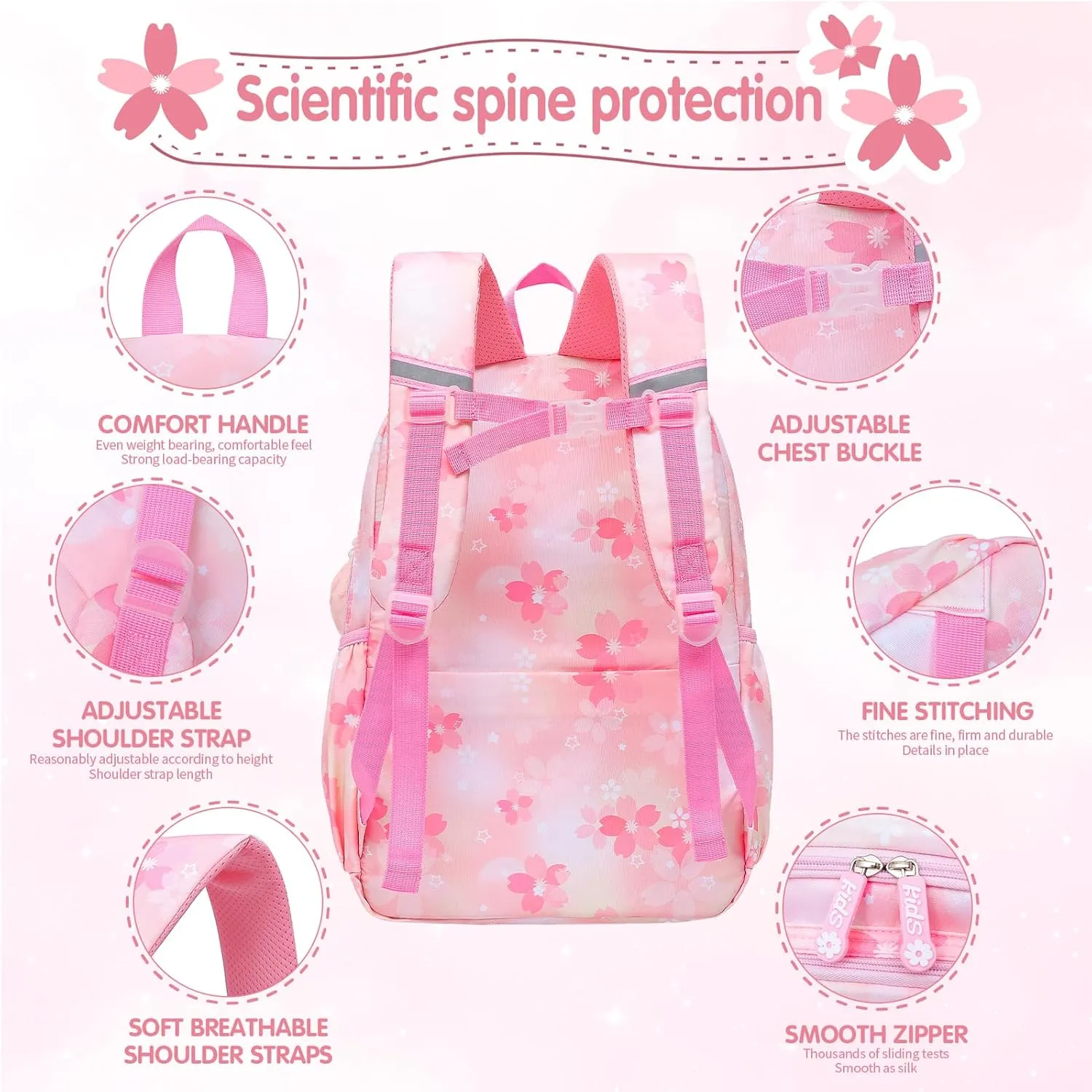 Lovely Girls Backpack School Bag for Students Kids Book Bag with Multiple Pockets Splash-proof Children's Backpack（17inch Set Pink）