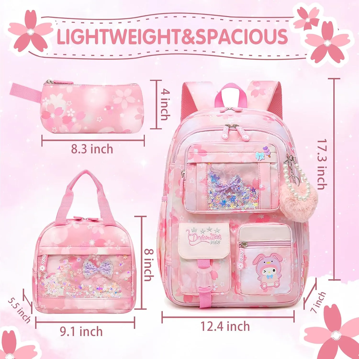 Lovely Girls Backpack School Bag for Students Kids Book Bag with Multiple Pockets Splash-proof Children's Backpack（17inch Set Pink）