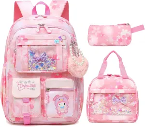 Lovely Girls Backpack School Bag for Students Kids Book Bag with Multiple Pockets Splash-proof Children's Backpack（17inch Set Pink）