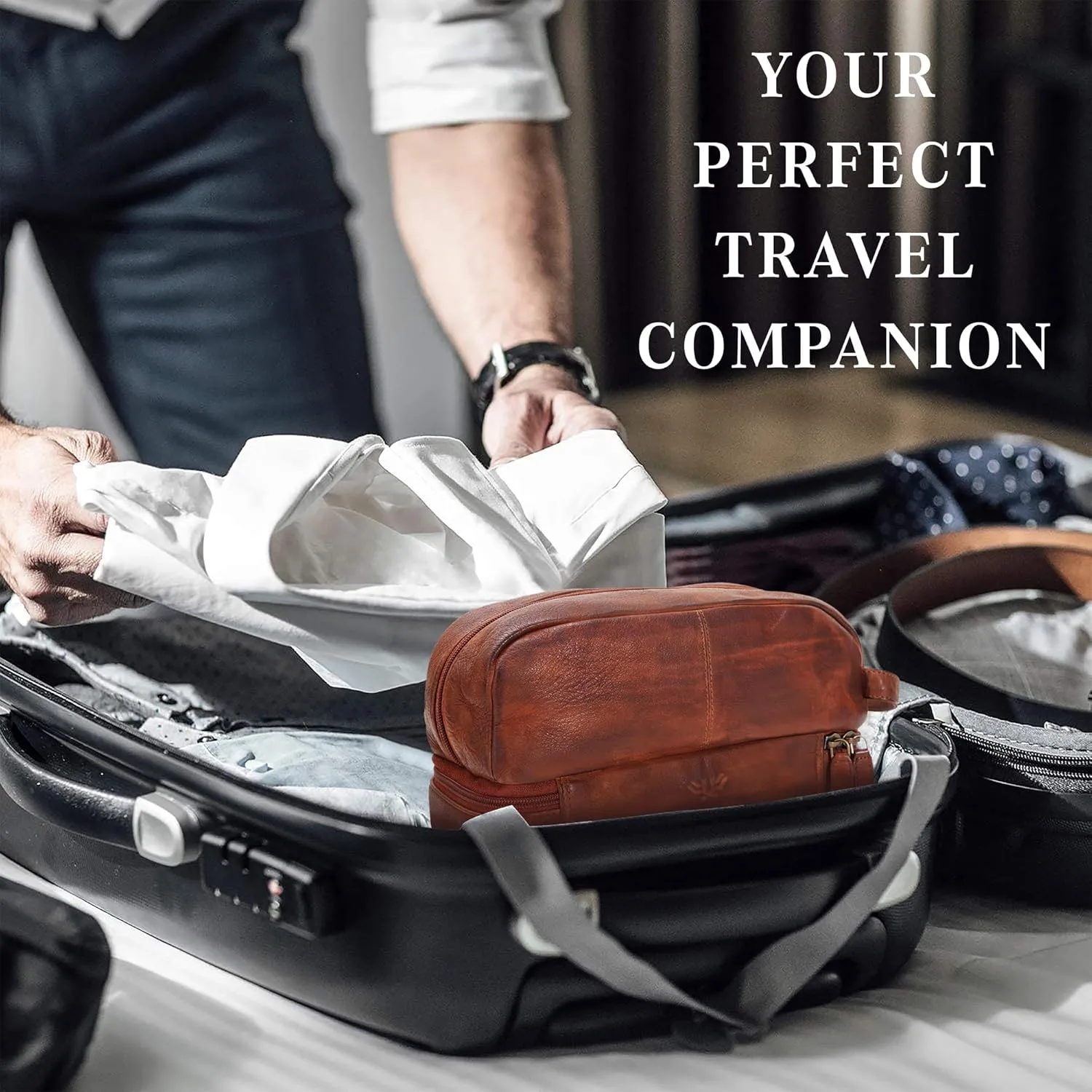 LUXEORIA Genuine Leather Toiletry Bags for Men and Women, Handmade Premium Leather Dopp Kit and Shaving Bag, Cosmetic Bag for Womens and Mens, Travel Essentials & Organizers