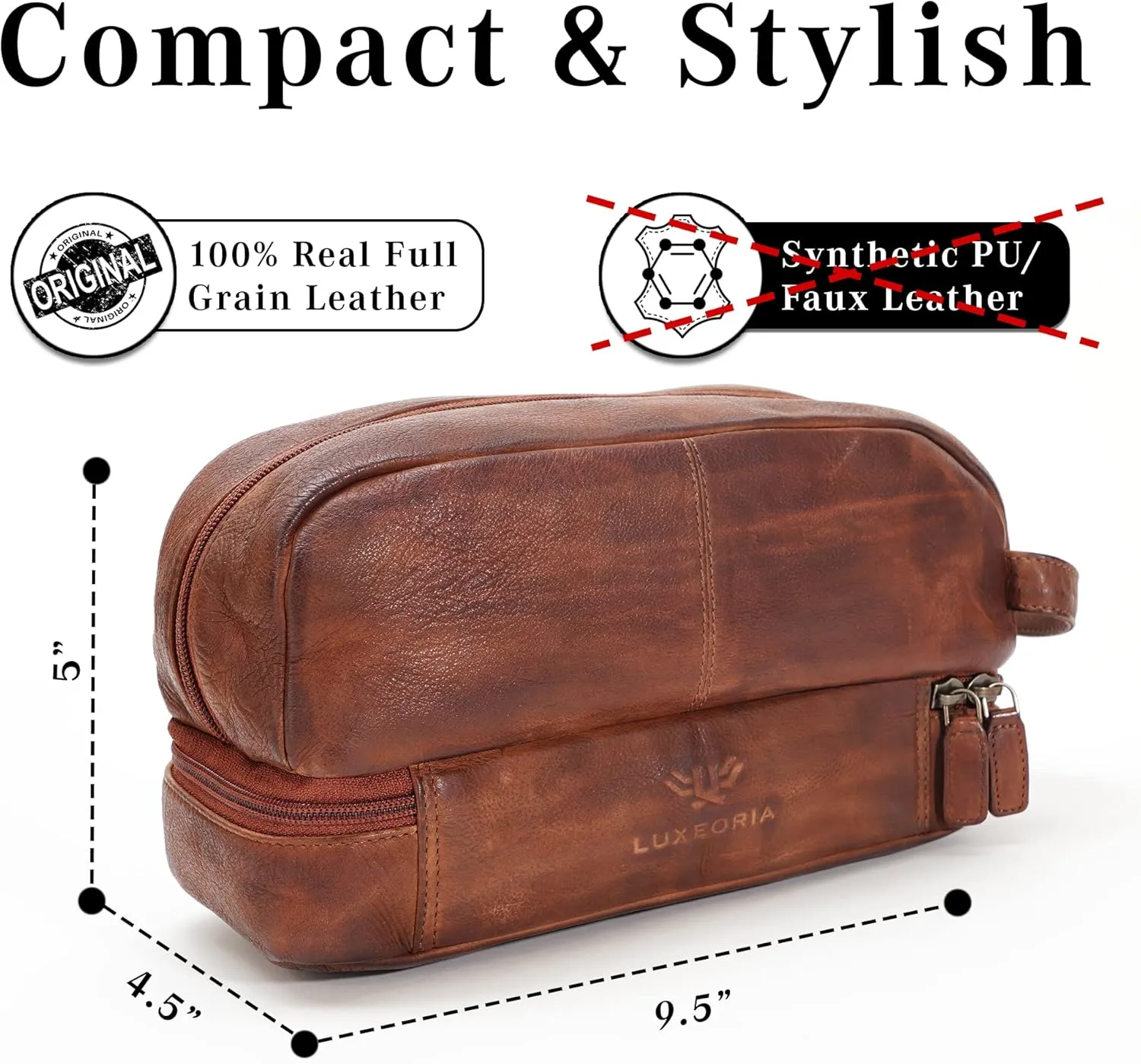 LUXEORIA Genuine Leather Toiletry Bags for Men and Women, Handmade Premium Leather Dopp Kit and Shaving Bag, Cosmetic Bag for Womens and Mens, Travel Essentials & Organizers