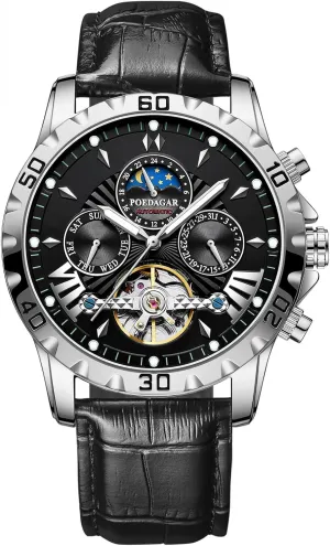 Luxury Automatic Mechanical Watch for Men Hollow Tourbillon Waterproof Luminous Date Week Leather Men's Watches (Black)