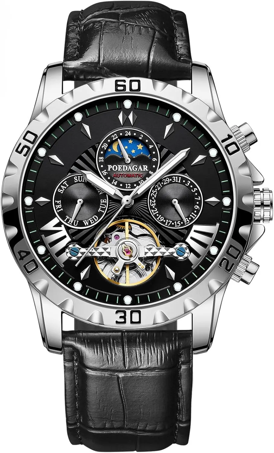 Luxury Automatic Mechanical Watch for Men Hollow Tourbillon Waterproof Luminous Date Week Leather Men's Watches (Black)
