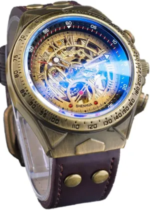 Luxury Skeleton Steampunk Watch for Men,3D Retro Roman Numeral Dial Sport Vintage Bronze Bezel Watches Leather Mens Automatic Mechanical Wrist Watch