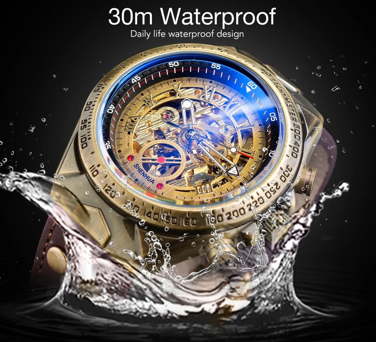 Luxury Skeleton Steampunk Watch for Men,3D Retro Roman Numeral Dial Sport Vintage Bronze Bezel Watches Leather Mens Automatic Mechanical Wrist Watch