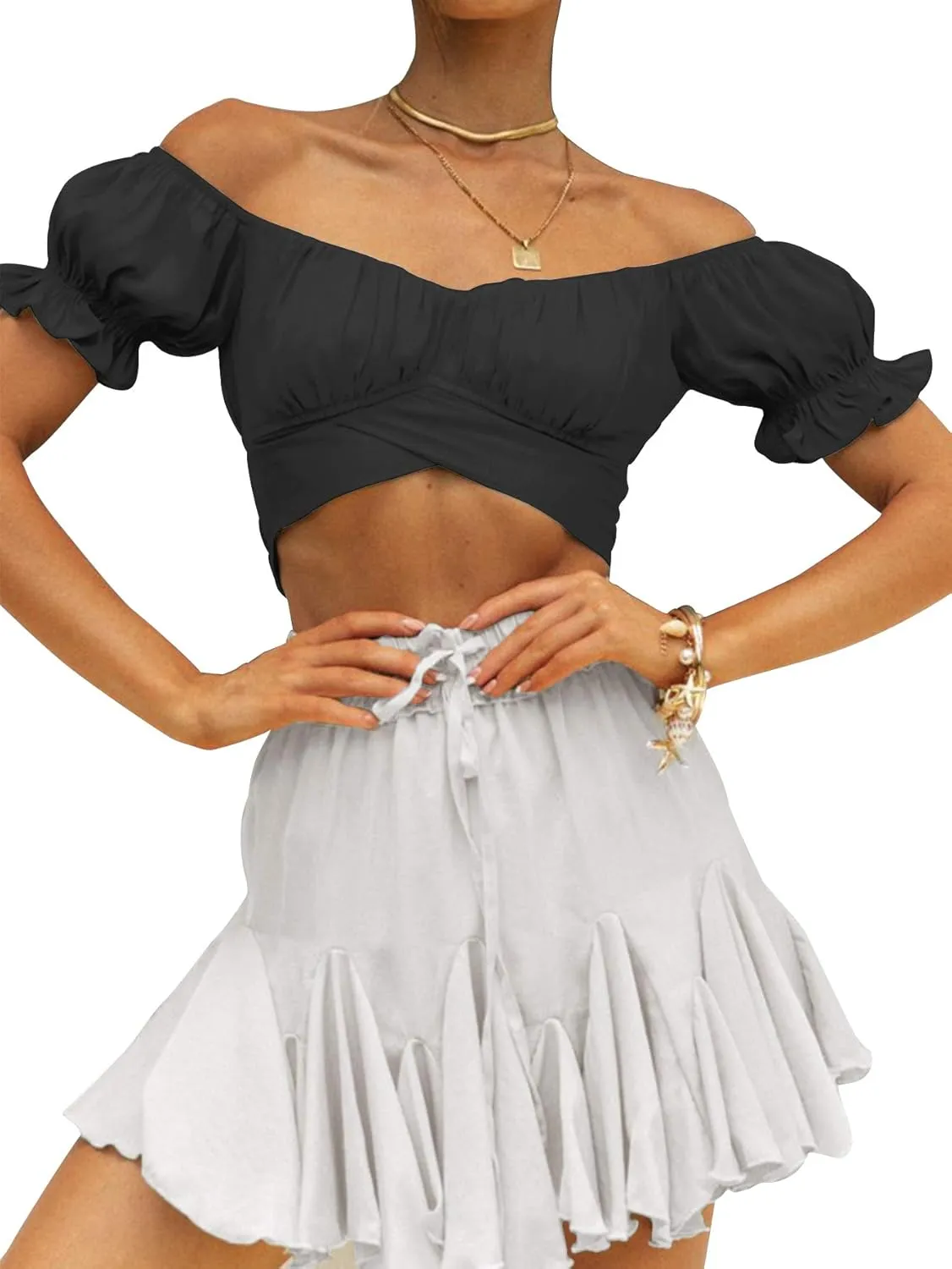 LYANER Women's Ruffle Short Sleeve Tie Up Back Crop Top Off Shoulder Bardot Blouse