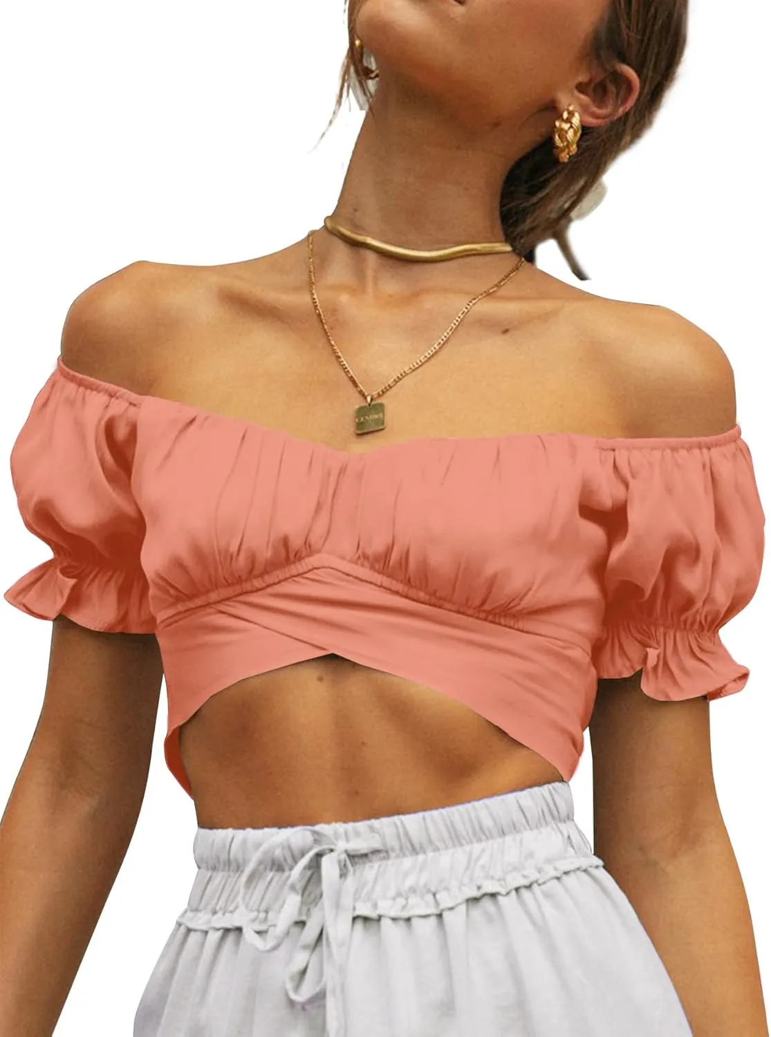 LYANER Women's Ruffle Short Sleeve Tie Up Back Crop Top Off Shoulder Bardot Blouse