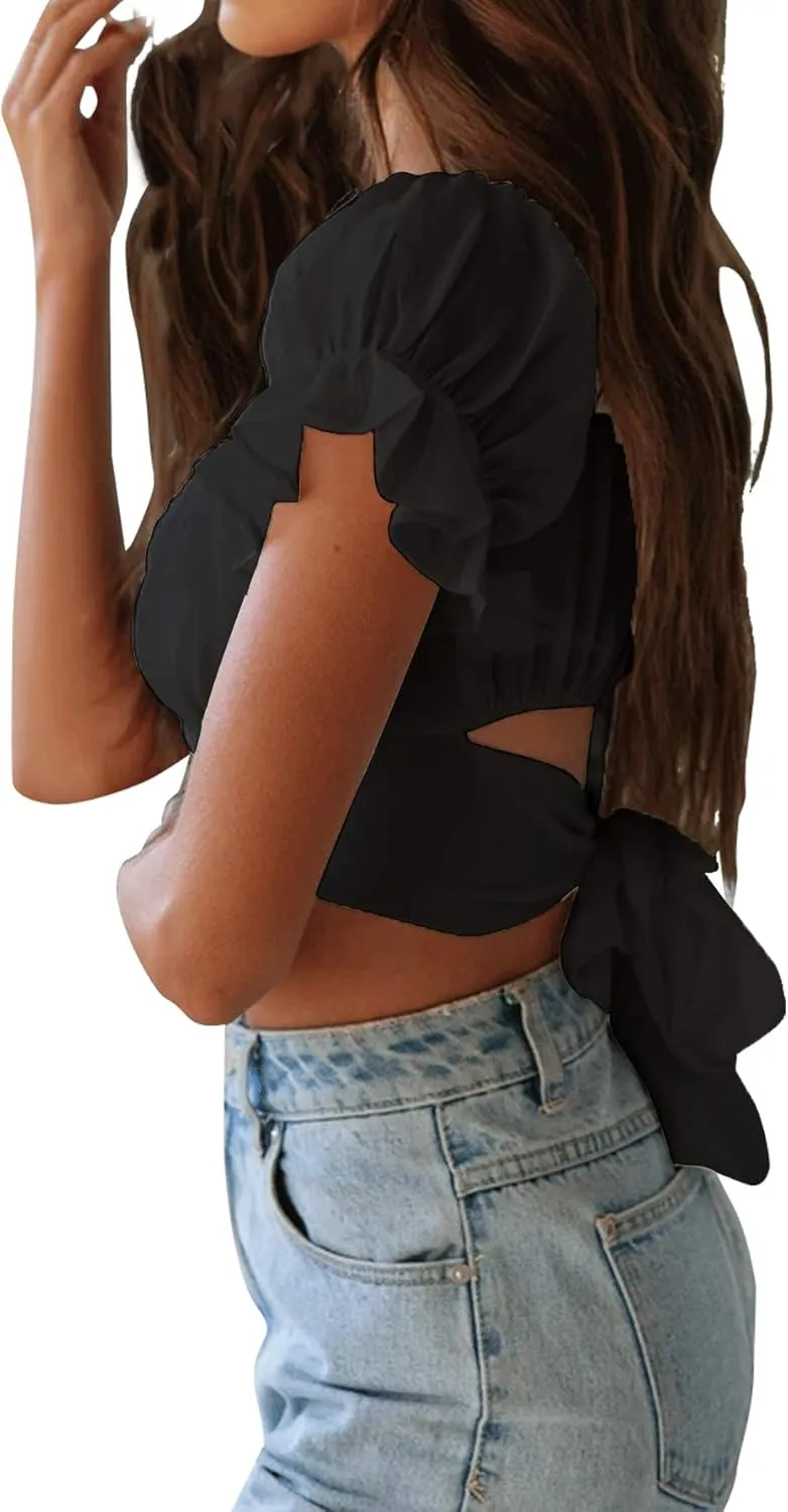 LYANER Women's Ruffle Short Sleeve Tie Up Back Crop Top Off Shoulder Bardot Blouse
