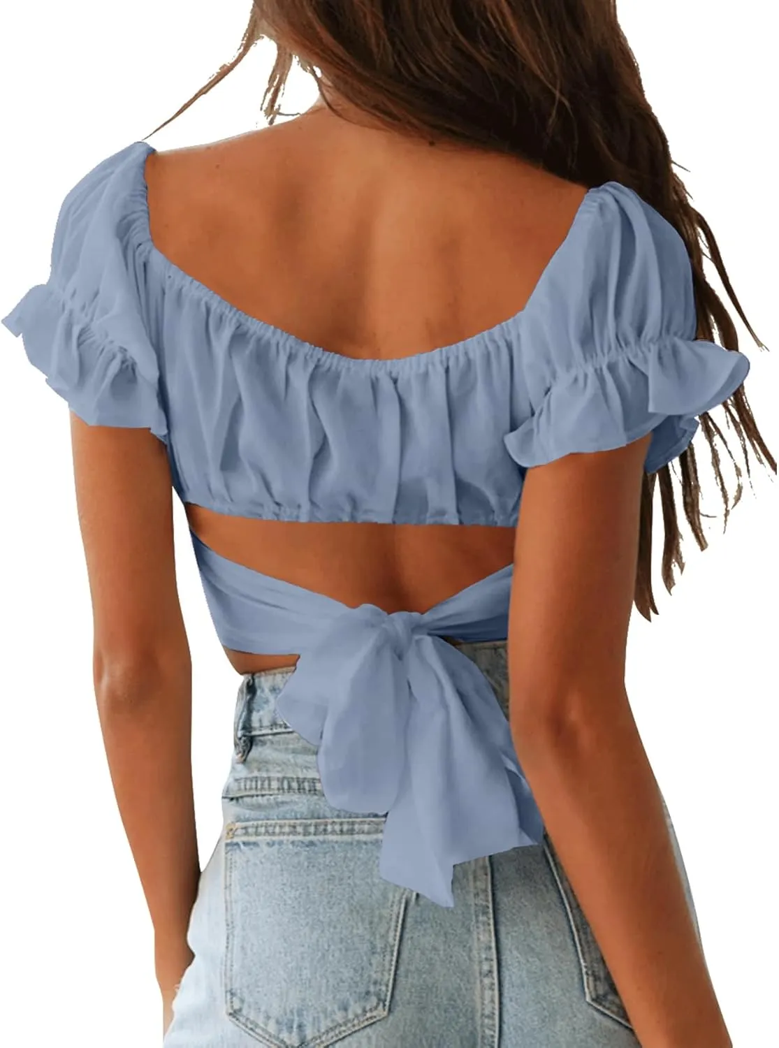 LYANER Women's Ruffle Short Sleeve Tie Up Back Crop Top Off Shoulder Bardot Blouse