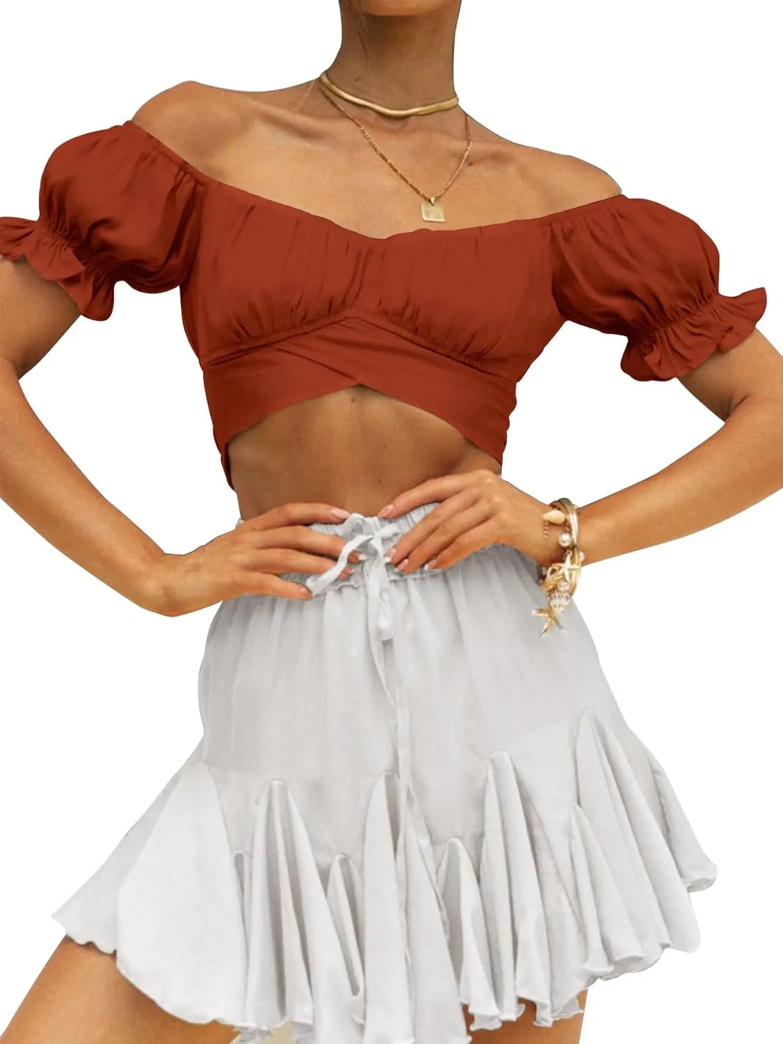 LYANER Women's Ruffle Short Sleeve Tie Up Back Crop Top Off Shoulder Bardot Blouse