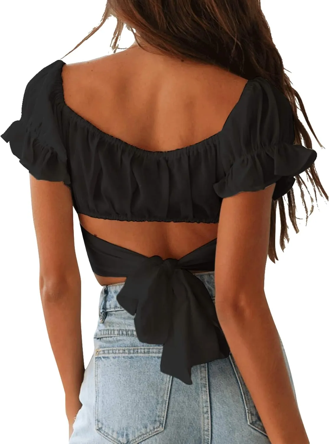 LYANER Women's Ruffle Short Sleeve Tie Up Back Crop Top Off Shoulder Bardot Blouse