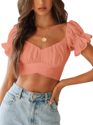 LYANER Women's Ruffle Short Sleeve Tie Up Back Crop Top Off Shoulder Bardot Blouse
