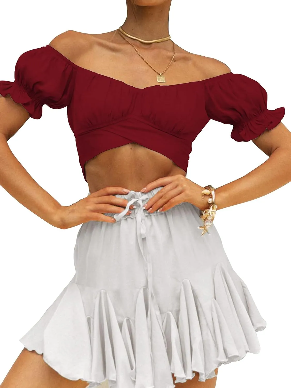 LYANER Women's Ruffle Short Sleeve Tie Up Back Crop Top Off Shoulder Bardot Blouse