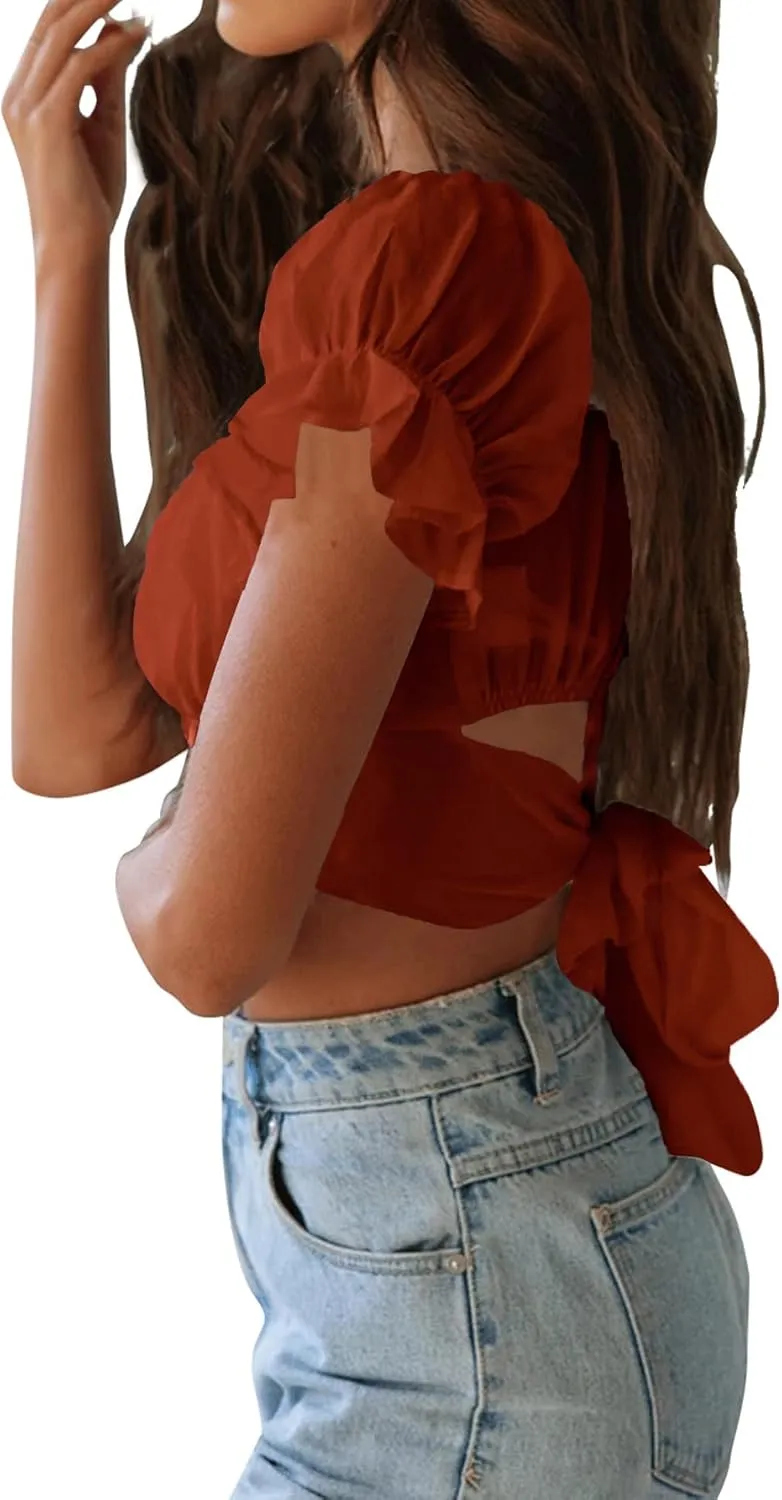 LYANER Women's Ruffle Short Sleeve Tie Up Back Crop Top Off Shoulder Bardot Blouse