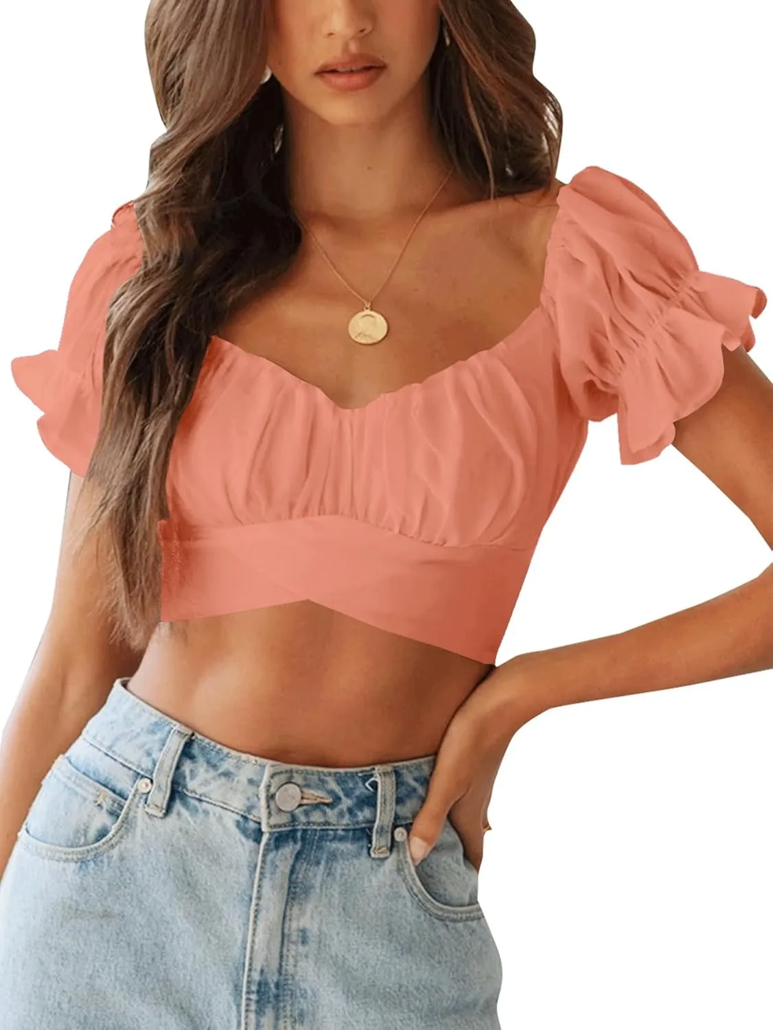 LYANER Women's Ruffle Short Sleeve Tie Up Back Crop Top Off Shoulder Bardot Blouse