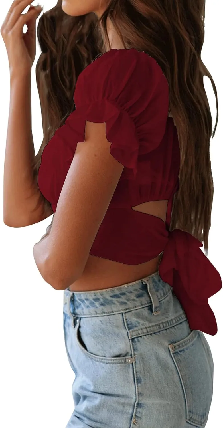 LYANER Women's Ruffle Short Sleeve Tie Up Back Crop Top Off Shoulder Bardot Blouse