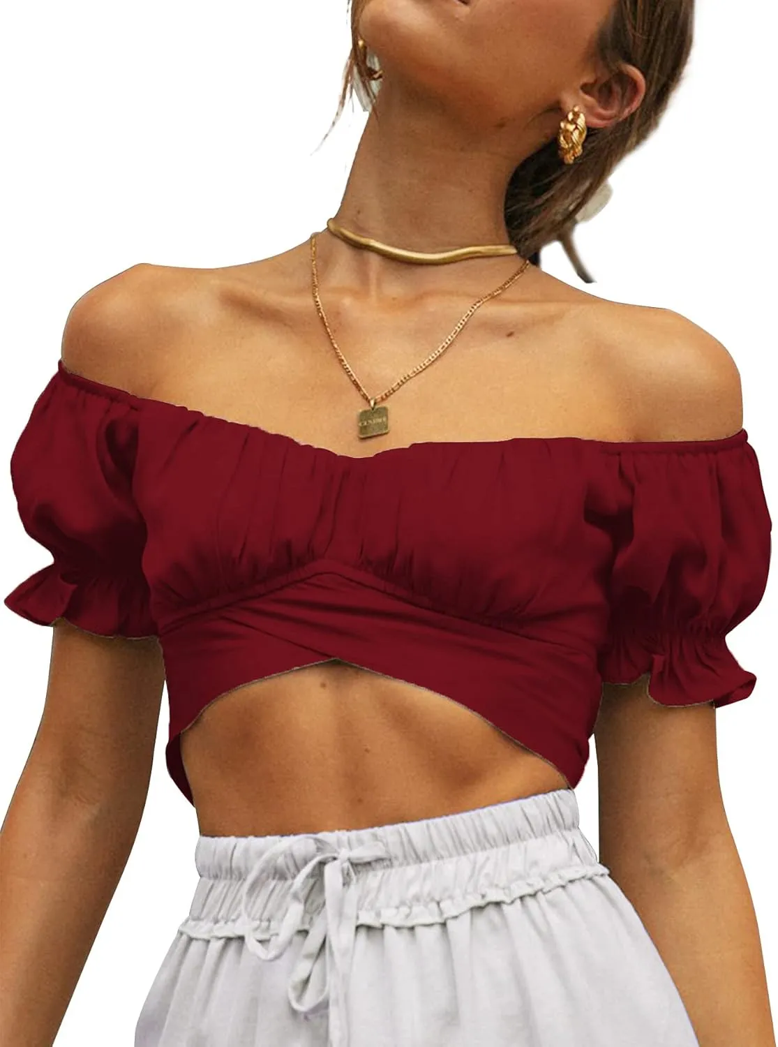 LYANER Women's Ruffle Short Sleeve Tie Up Back Crop Top Off Shoulder Bardot Blouse