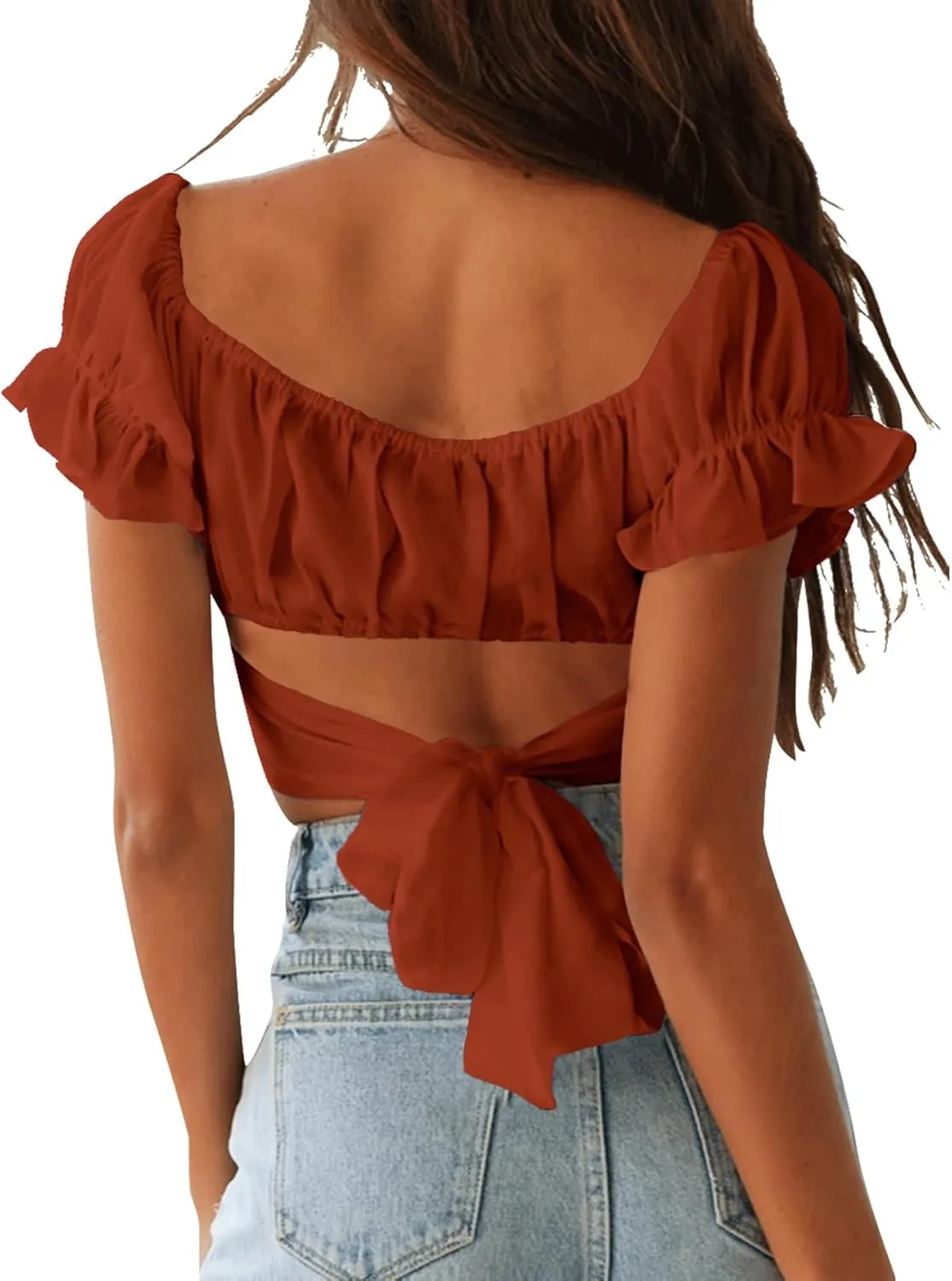 LYANER Women's Ruffle Short Sleeve Tie Up Back Crop Top Off Shoulder Bardot Blouse