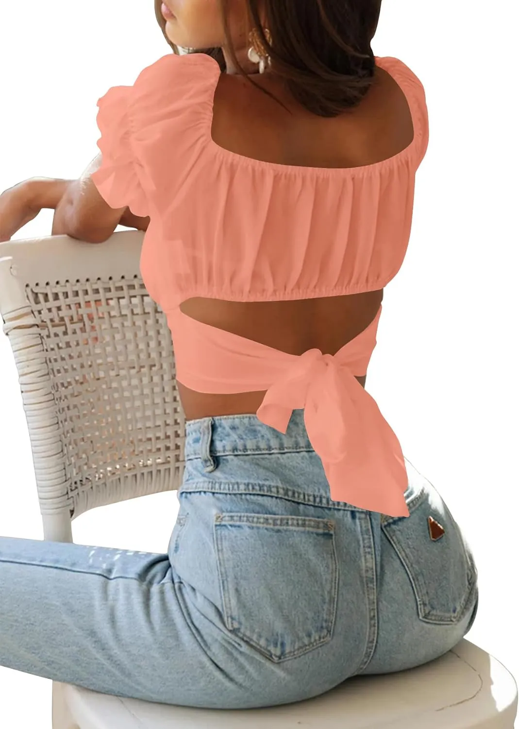 LYANER Women's Ruffle Short Sleeve Tie Up Back Crop Top Off Shoulder Bardot Blouse