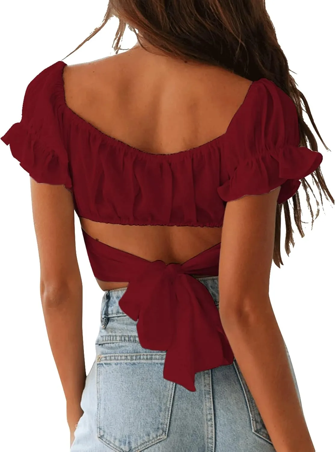 LYANER Women's Ruffle Short Sleeve Tie Up Back Crop Top Off Shoulder Bardot Blouse
