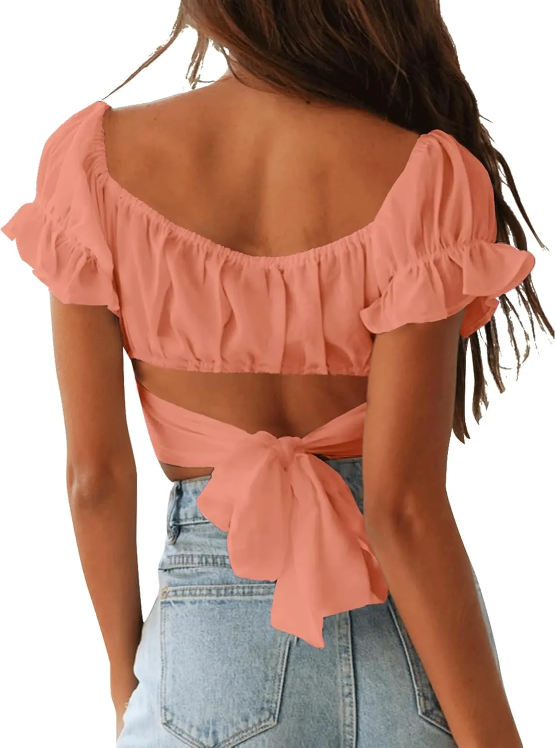 LYANER Women's Ruffle Short Sleeve Tie Up Back Crop Top Off Shoulder Bardot Blouse