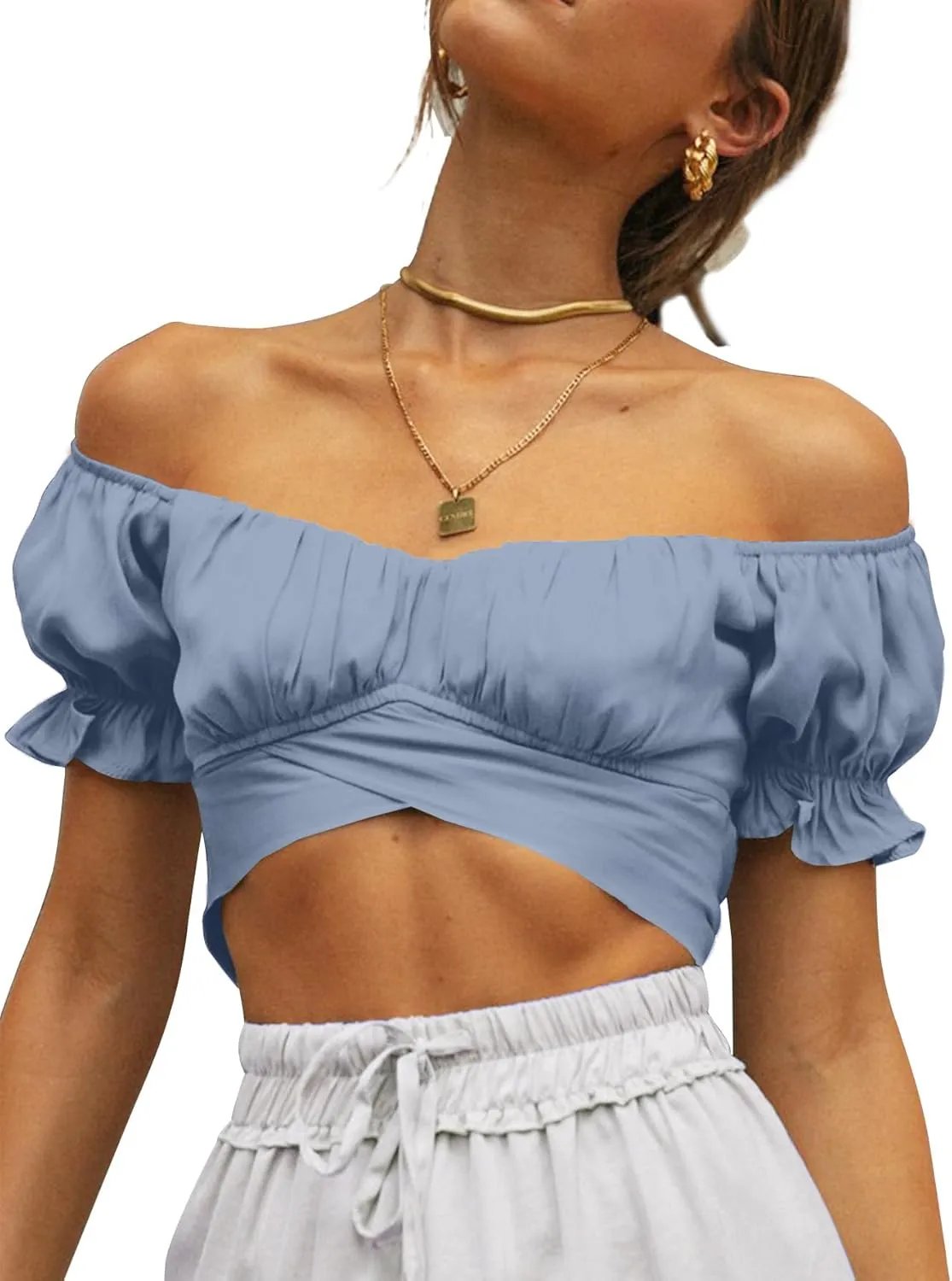 LYANER Women's Ruffle Short Sleeve Tie Up Back Crop Top Off Shoulder Bardot Blouse