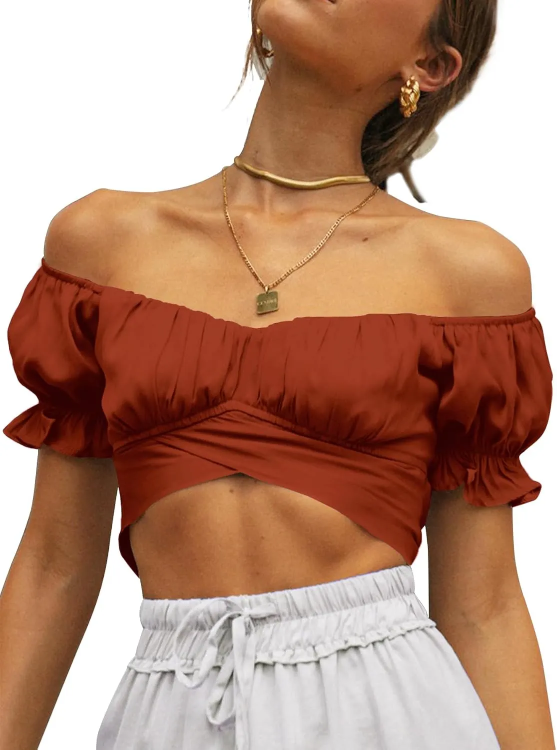 LYANER Women's Ruffle Short Sleeve Tie Up Back Crop Top Off Shoulder Bardot Blouse