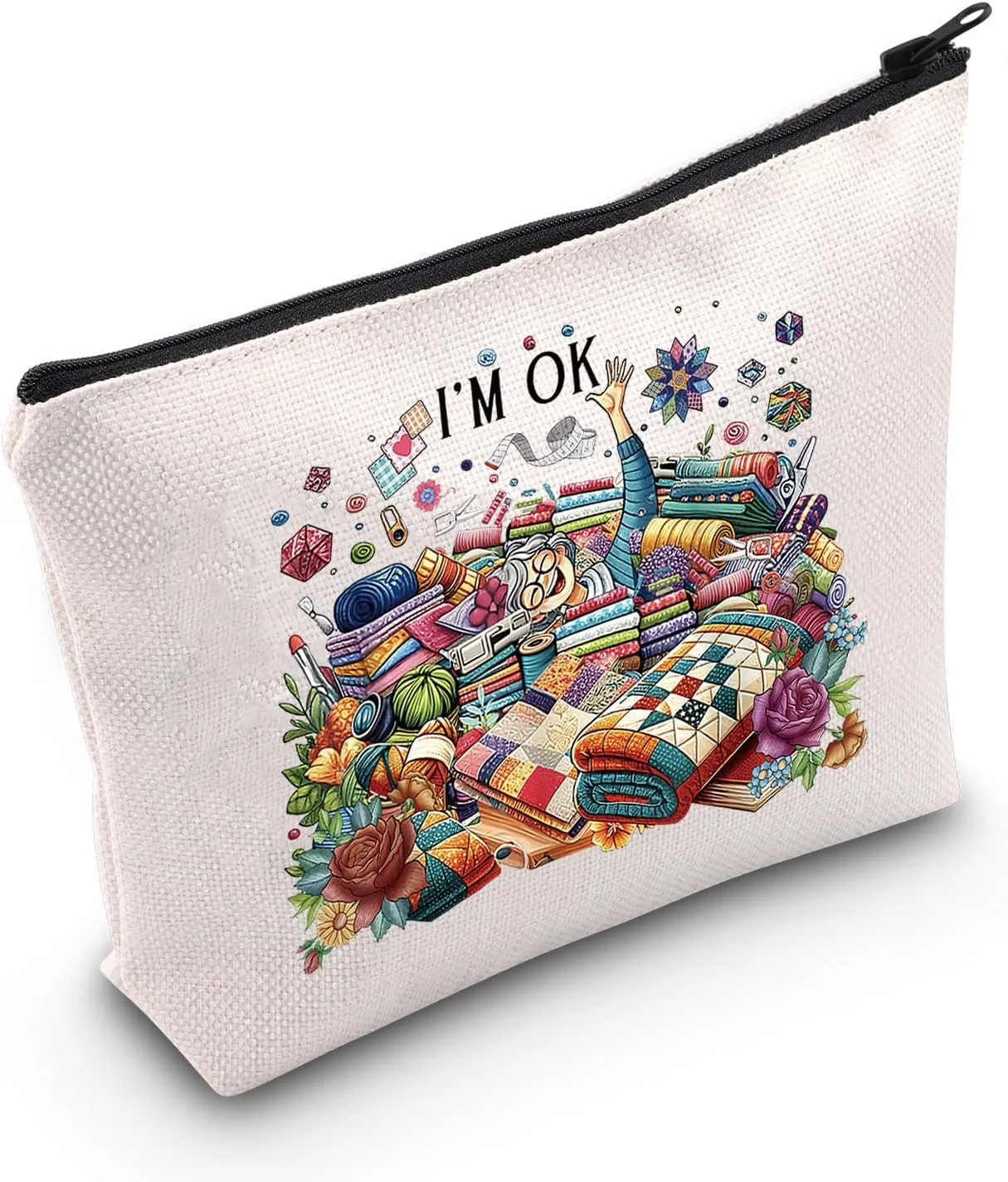 Lywjyb Birdgot Sewing Makeup Bag Quilting Themed Gift Tailors Sewing Lovers Gift Quilters Sewing Gift (I'M OK bag)