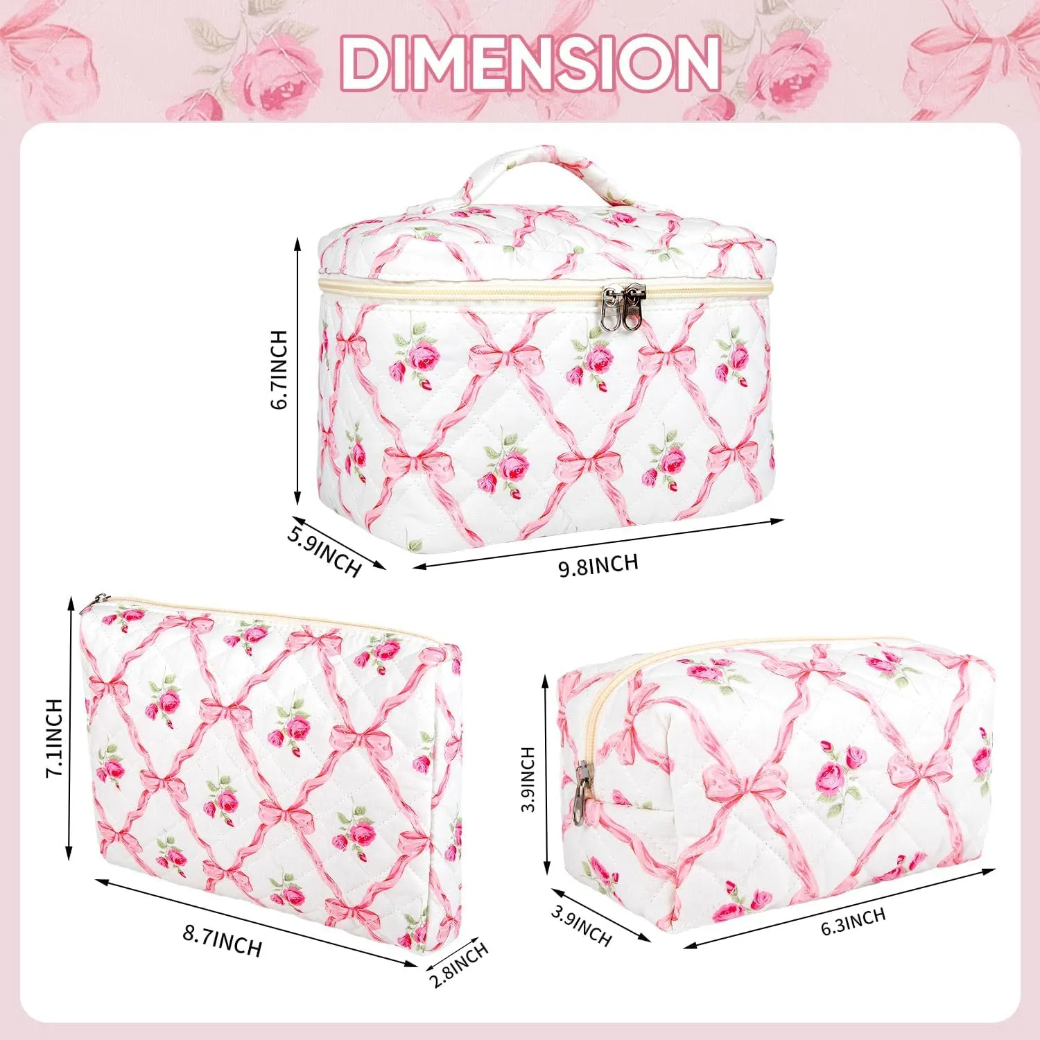 Makeup Bag for Women, Wide-open Easy to Take, Convenient to Carry, Toiletry Cosmetic Skincare, Quilted Travel Pouch Case, Purse Organizer set of 3