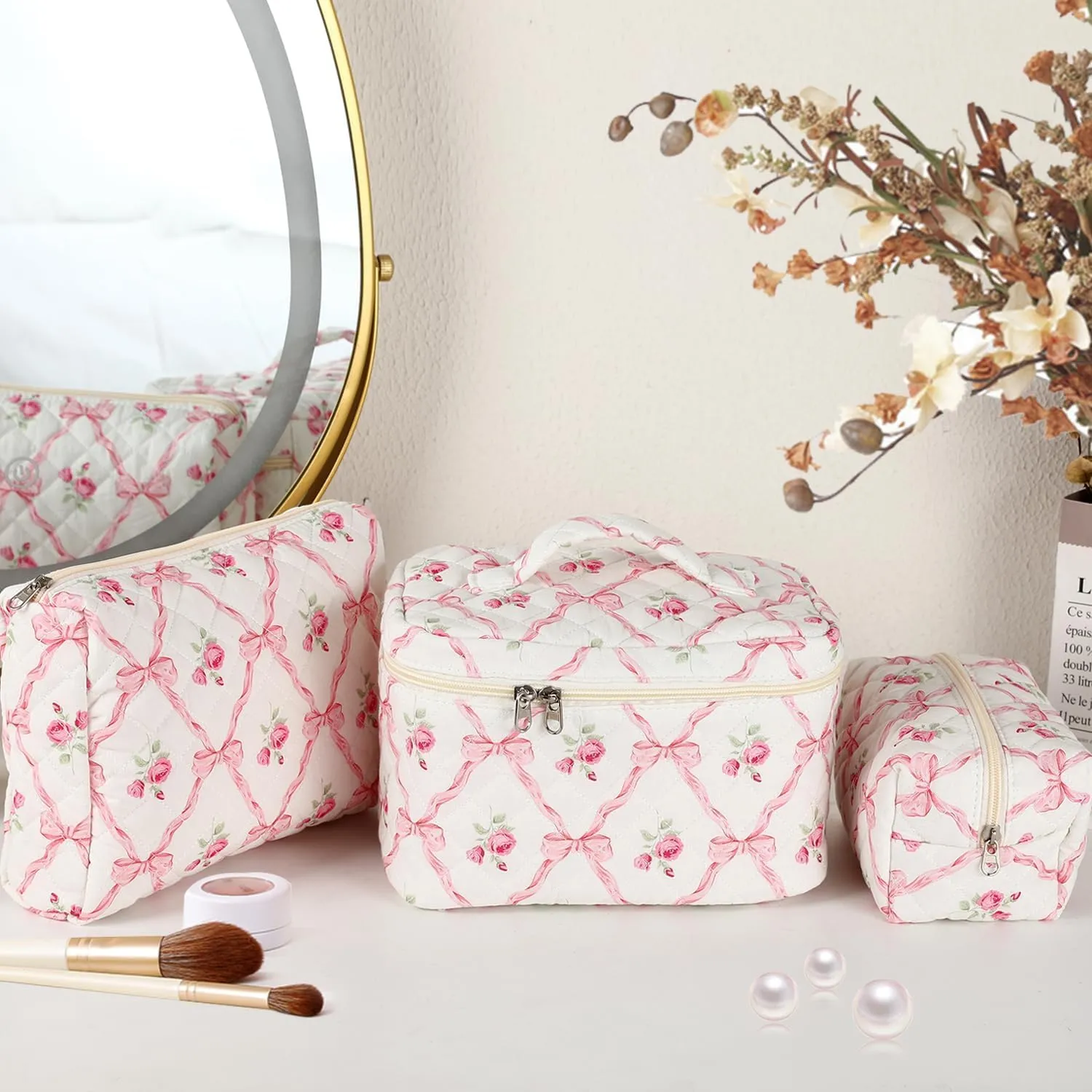 Makeup Bag for Women, Wide-open Easy to Take, Convenient to Carry, Toiletry Cosmetic Skincare, Quilted Travel Pouch Case, Purse Organizer set of 3