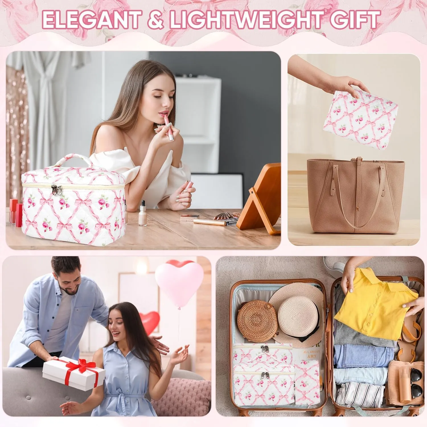 Makeup Bag for Women, Wide-open Easy to Take, Convenient to Carry, Toiletry Cosmetic Skincare, Quilted Travel Pouch Case, Purse Organizer set of 3