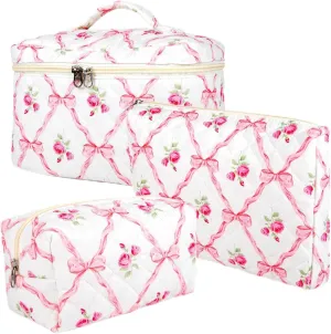 Makeup Bag for Women, Wide-open Easy to Take, Convenient to Carry, Toiletry Cosmetic Skincare, Quilted Travel Pouch Case, Purse Organizer set of 3